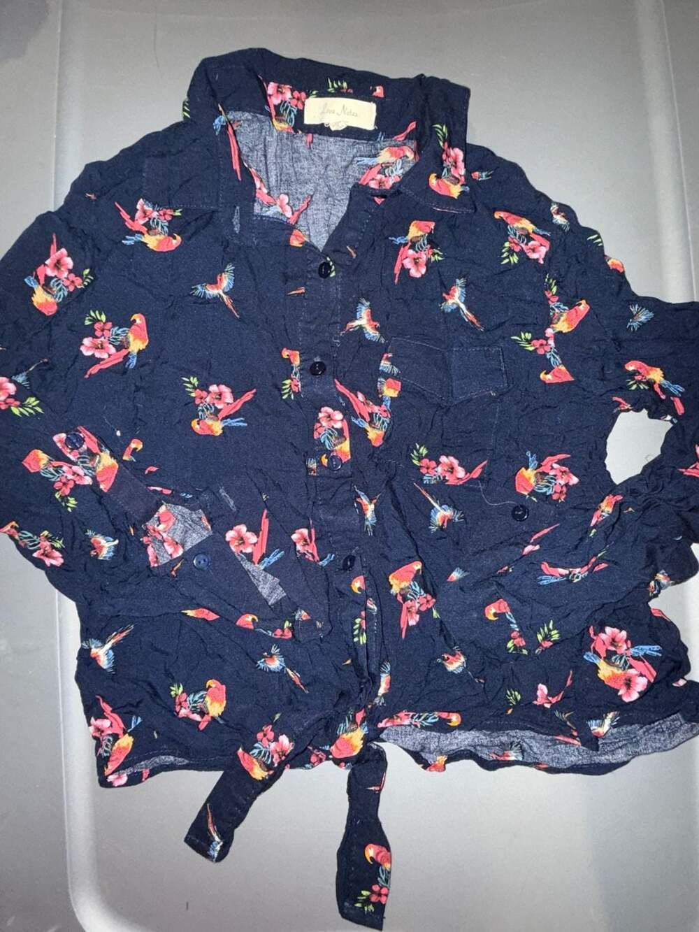 Girls Love Notes Blouse Size L Navy Blue Tropical Bird Parrot Print Tie Front